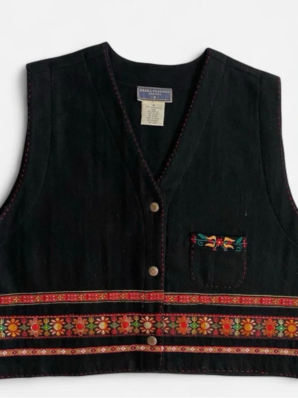 Vintage black wool blend floral patterned trim vest